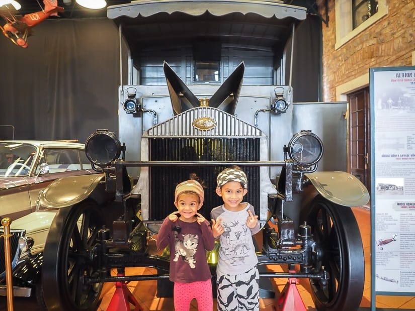 Our kids in front of an antique medical truck at Rahmi M. Koc Museum in Istanbul