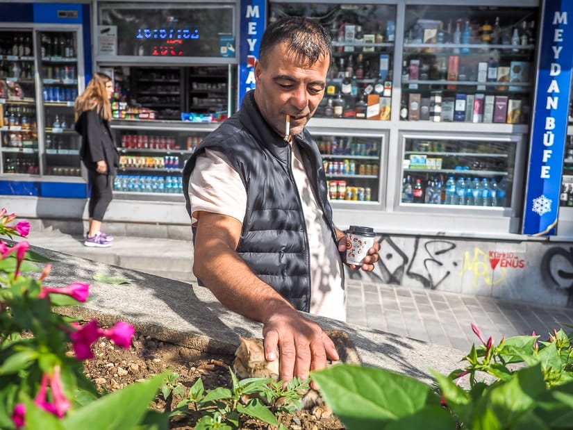A Turkish man petting a cat in Istanbul