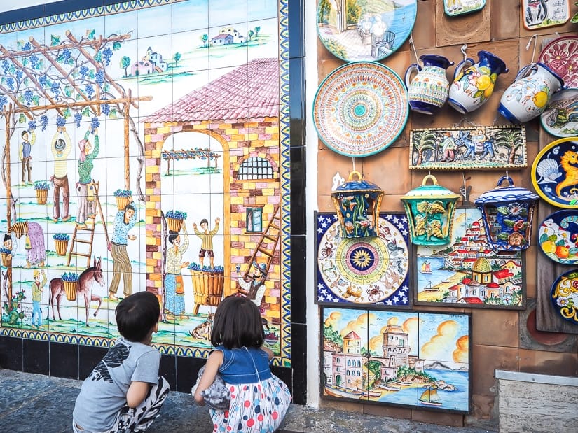 Our kids looking at pottery in Vietri Sul Mare, Amalfi Coast