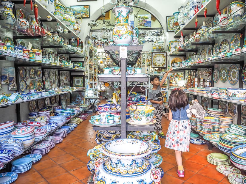 Our kids looking in a pottery shop in Vietri sul Mare Italy