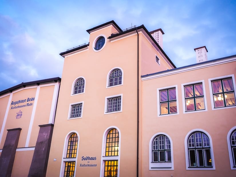 Exterior view of Augustiner Brau brewery and beer hall in Salzburg, Austria