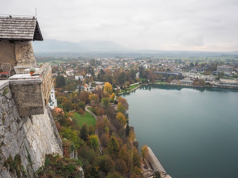 View of Bled tourist town from Bled Castle Cafe on a gray autumn day