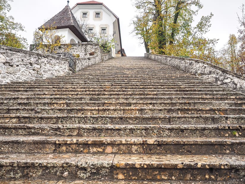 Staircase up to church on Bled Island in the shoulder season