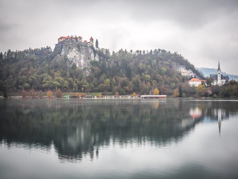 Typical scene of Bled Castle and Bled Church in November