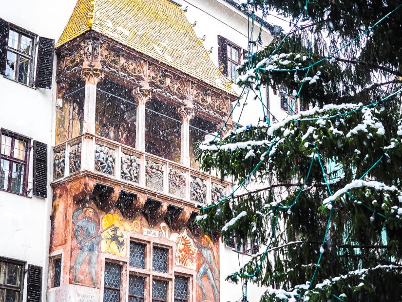 Golden Roof, Innsbruck with snow falling around it