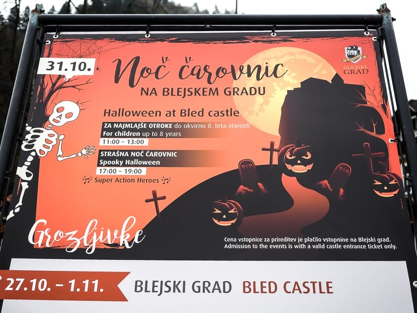 Sign for a Halloween activity at Lake Bled Castle