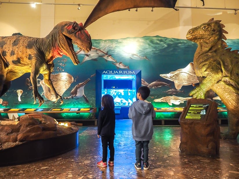 Our kids in the dinosaur room at the Salzburg Museum of Science and Technology (Haus der Natur)