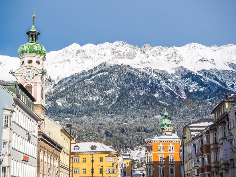 View of Innsbruck in winter with mountains in the background