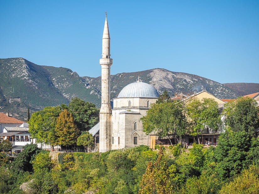 Koskin-Mehmed Pasha’s Mosque, viewed from Stari Most in Mostar. This is the most famous mosque in Mostar