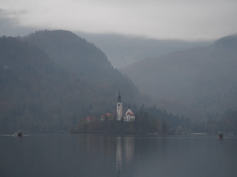 Photo of Bled Island on a very gray day