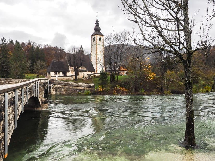 Lake Bohinj when the water is high after rain in autumn