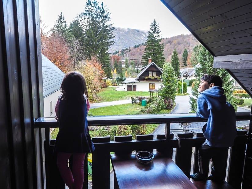 Our two kids on the balcony of our hotel at Lake Bohinj