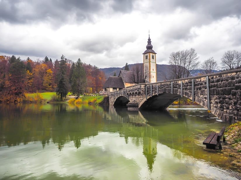 Lake Bohinj in October and November: gray skies and high water levels from so much rain. Typical weather for Slovenia in November.