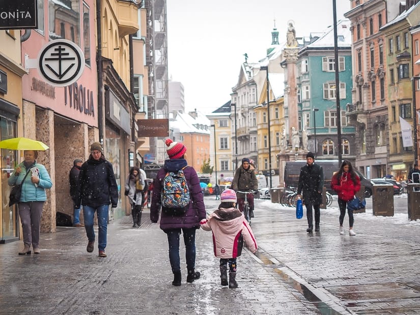 My wife and daughter walking down Maria-Theresien-Strasse, the main tourist street in Innsbruck