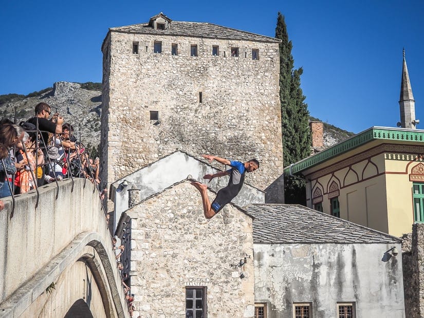 A Mostar man jumping from Stari Most bridge