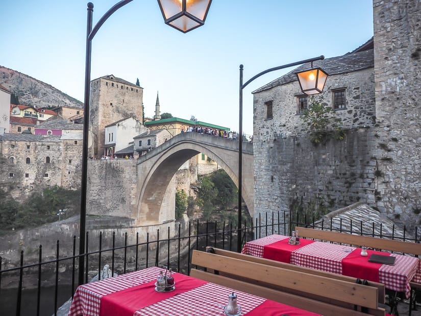 Outdoor table at Bella Vista restaurant, one of the many restaurants with a view of Stari Most bridge in Mostar