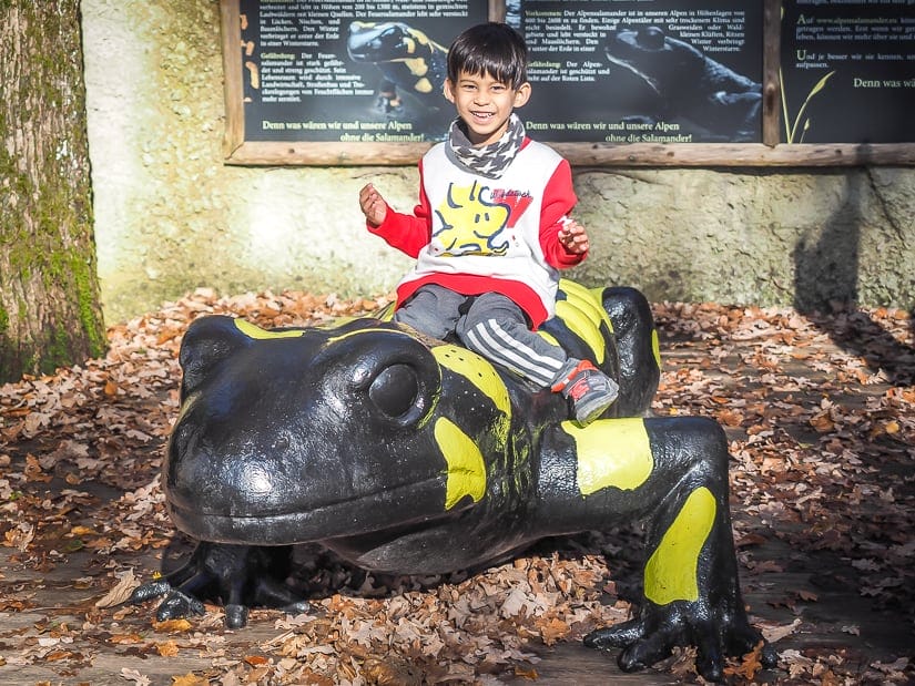 My son riding on a fire salamander statue at Salzburg Zoo