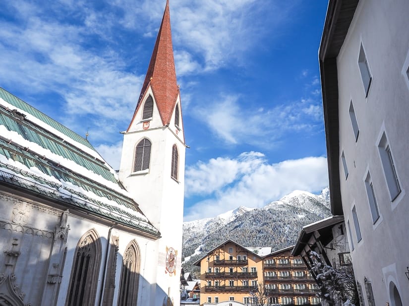 Church in Seefeld town center, an easy day trip from Innsbruck with young kids