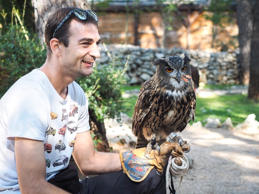 Man holding an eagle owl at the Sibenik Falconry Center