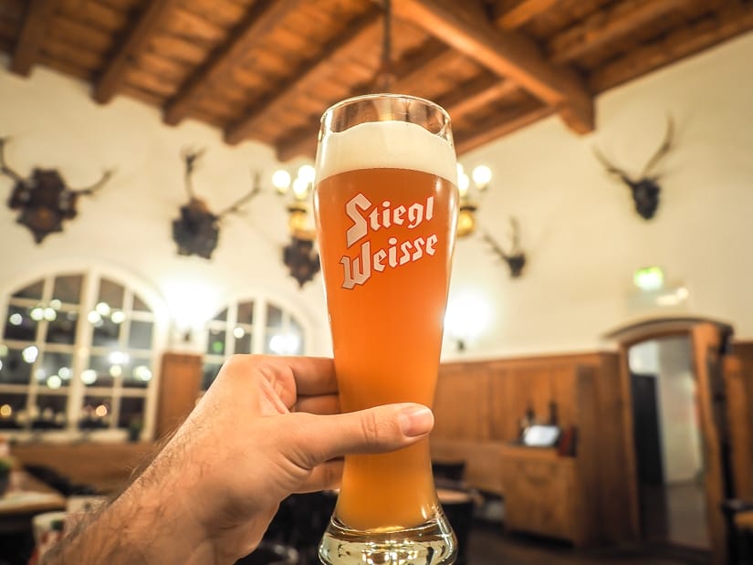 Large glass of beer at Stieglkeller Restaurant Salzburg, run by the Steigl Brewery