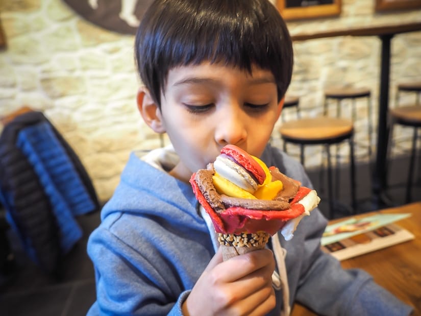 My son with an ice cream cone at Amorino Cafe 
