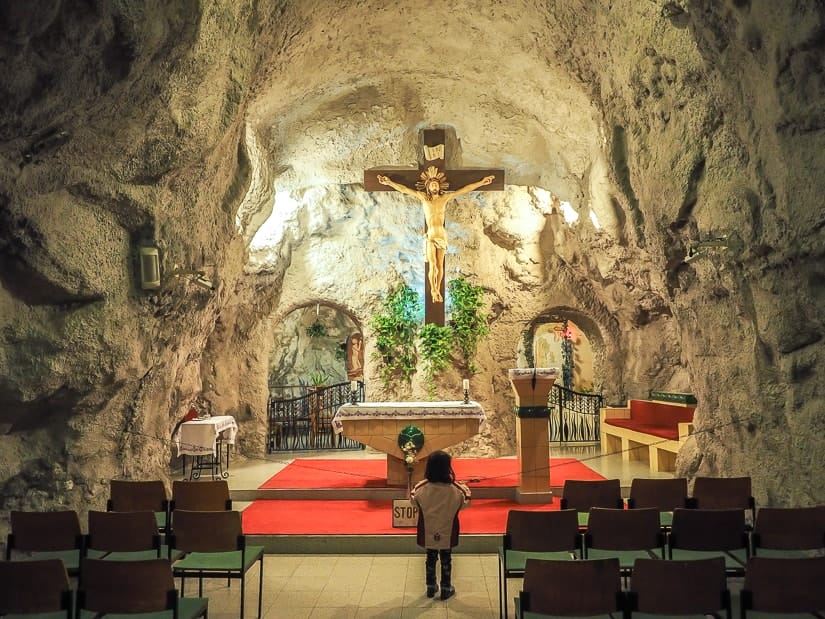 Cave chapel at Gellert Hill in Budapest with kids