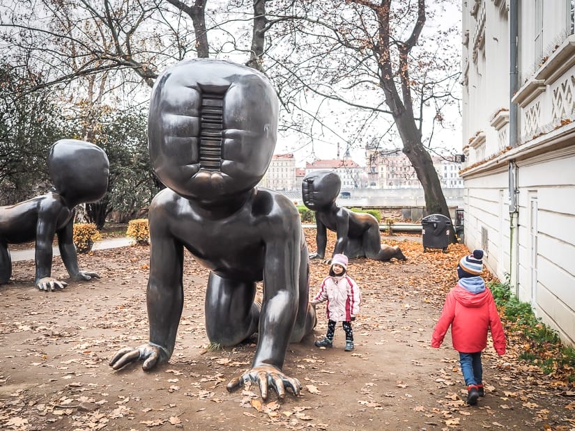 Our kids at the Crawling Babies sculptures on Kampa Island
