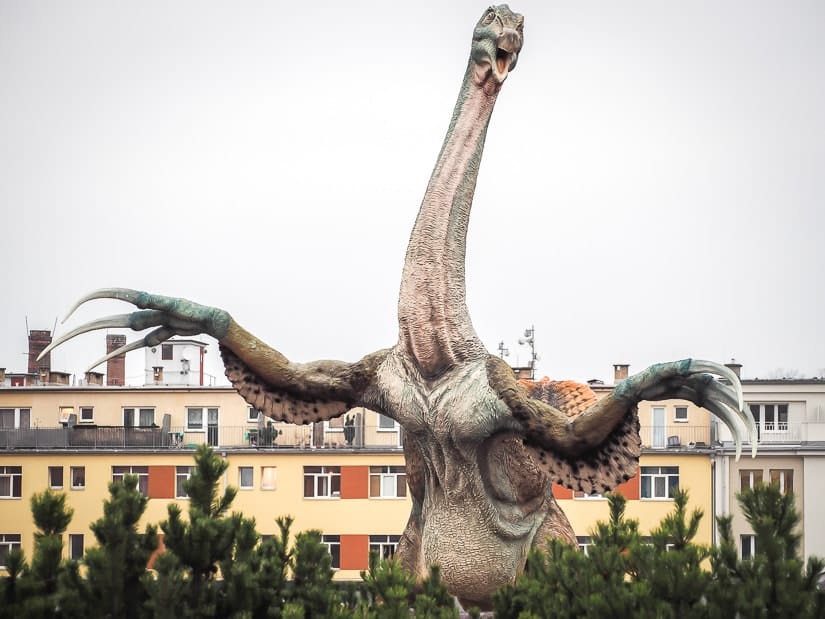 Image of a huge dinosaur at Dino Park Praha, one of the best places in Prague for kids