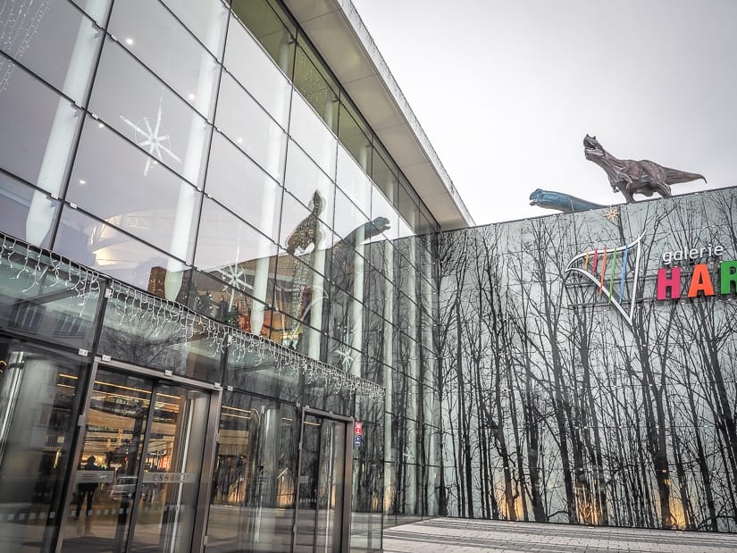 Dinosaurs on top of Gallery Harfa Shopping Centre in Prague