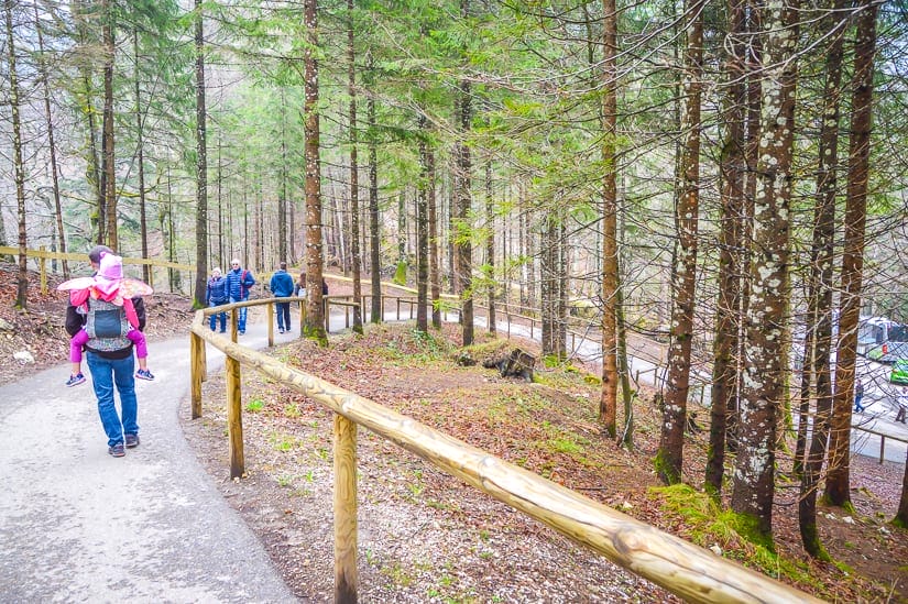 Is it possible to hike from Neuschwanstein Castle to Queen Mary's bridge with kids? Of course! Picture of parent carrying child down path towards Neuschwanstein Castle