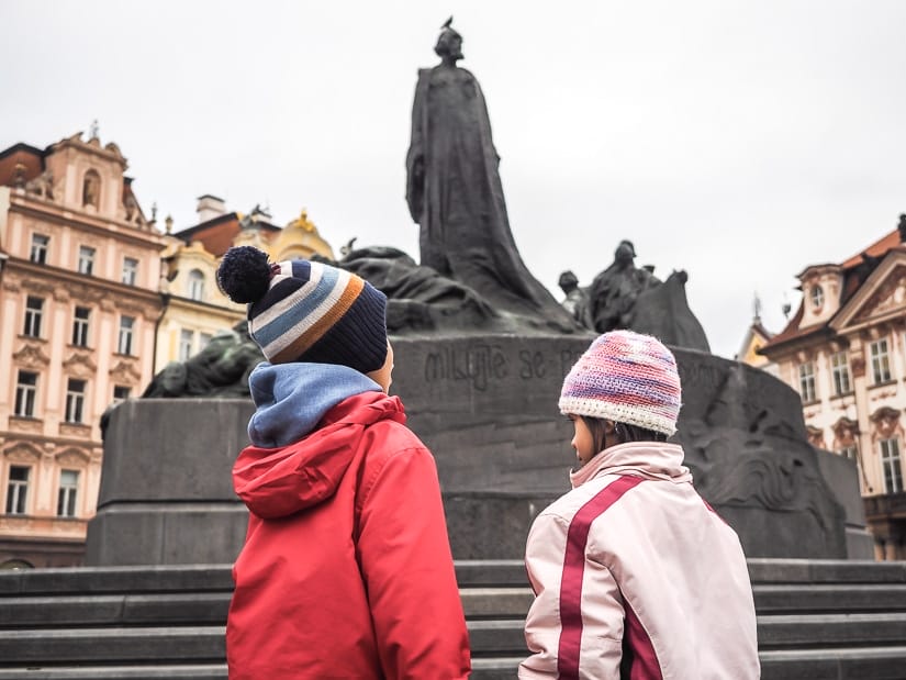 Our kids in front of the Jan Hus monument in Prague's Old Town Square