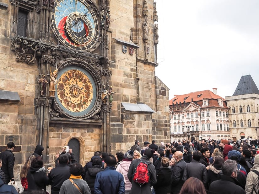 Crowd of people in front of Prague Astronomical Clock