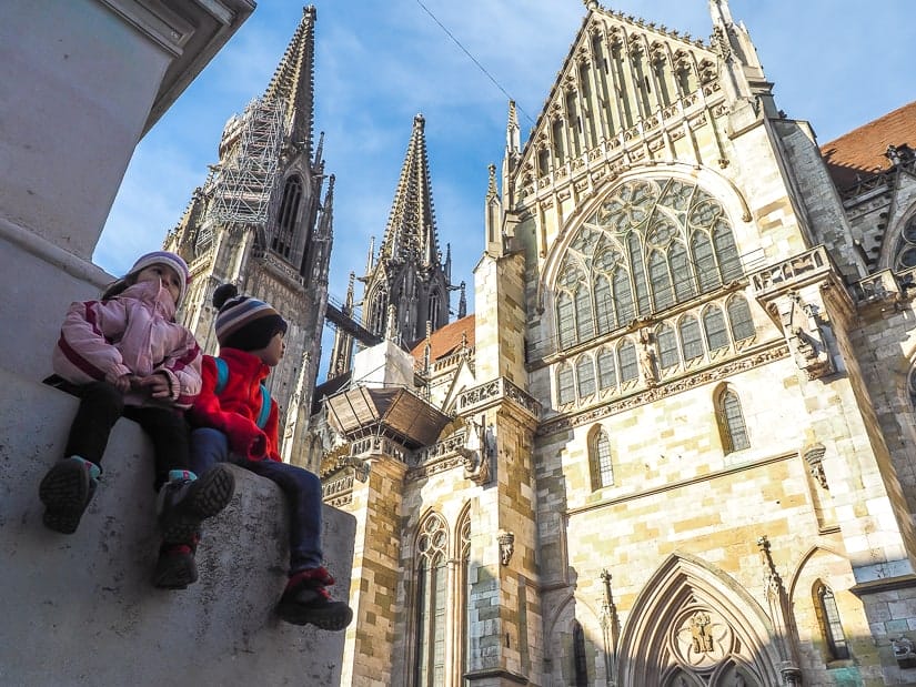 Visiting Regensberg with kids: our kids overlooking the Regensberg Cathedral