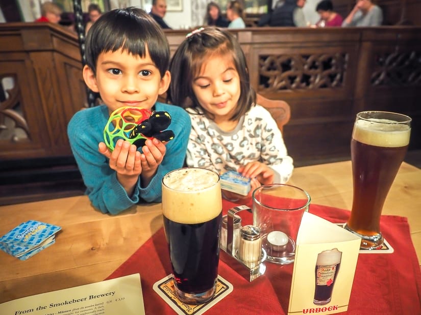 Our kids in Schlenkerla beer hall, Bamberg