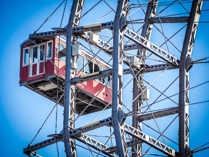 Side shot of one gondola on the Wiener Riesenrad (Vienna Giant Ferris wheel). Riding this would even be suitable if you are visiting Vienna with a toddler!