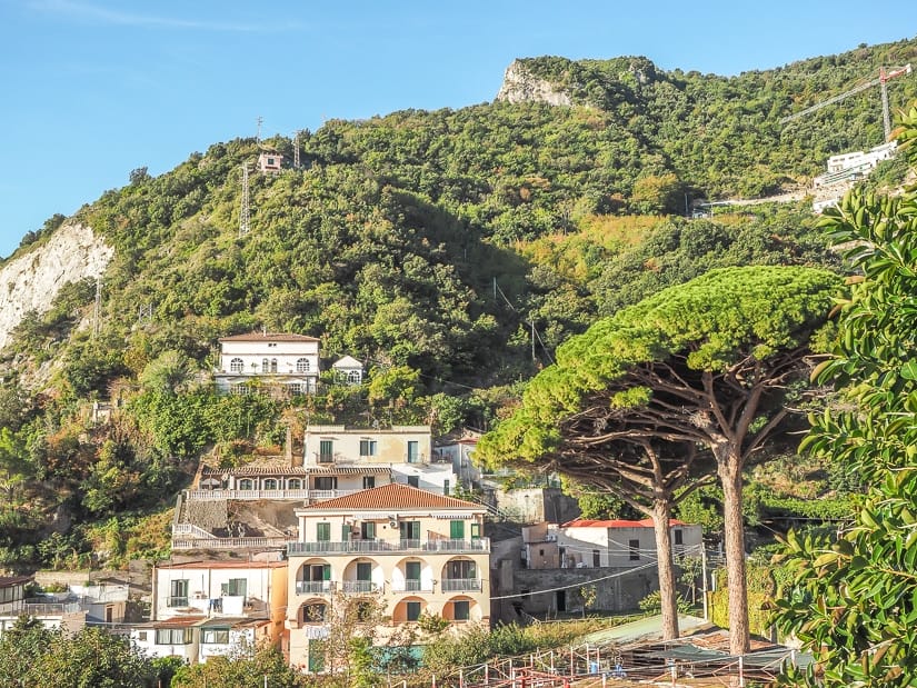 View of houses backed by hills in Erchie, Amalfi Coast