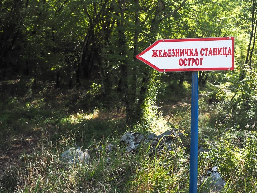 Sign pointing the way from Ostrog Monastery to Ostrog Railway Station