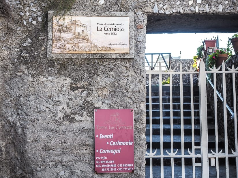 Sign and closed gate to the staircase leading to the Tower of Erchie