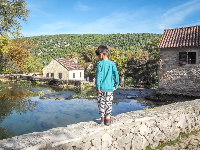 My son standing beside a pond in a Croatian village