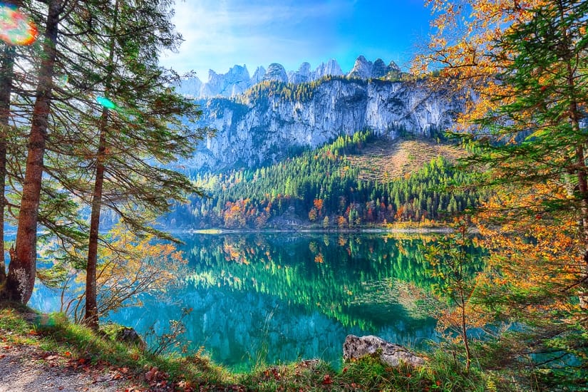 Gosausee lake with Dachstein mountain in the background, a beautiful place to visit on a family trip to Austria
