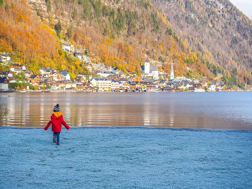 My son walking beside the lake in Hallstatt, a great family-friendly destination in Austria