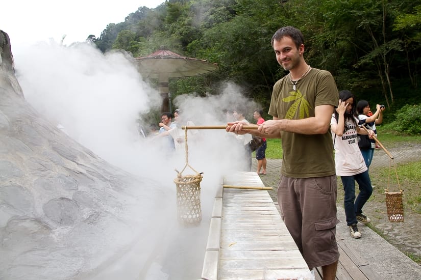 Me cooking hot spring eggs at Jiuzhize hot spring near Taipingshan, Yilan