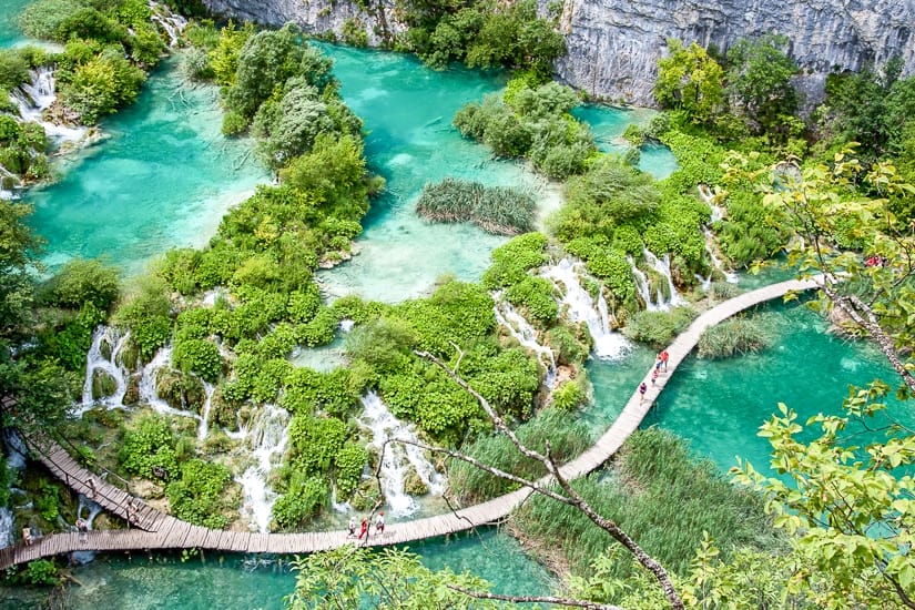 Aerial view of colorful water at Plitvice Lakes National Park in Croatia