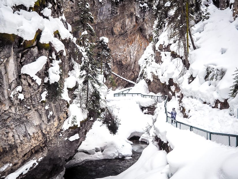 Hiking in Johnston Canyon in winter
