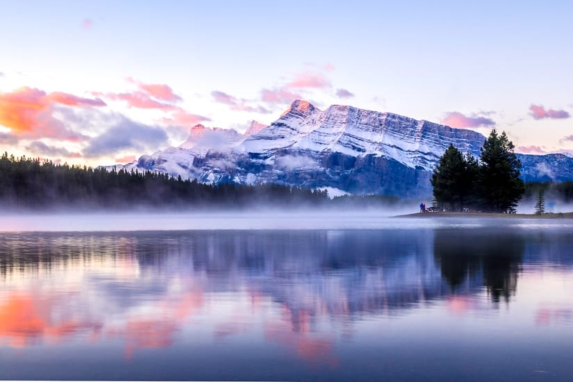 Morning mist on Two Jack Lake, with Mount Rundle in the backgroun
