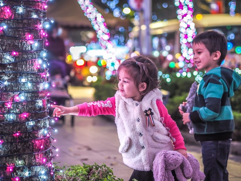 My kids seeing the Christmas lights in Banqiao, New Taipei City
