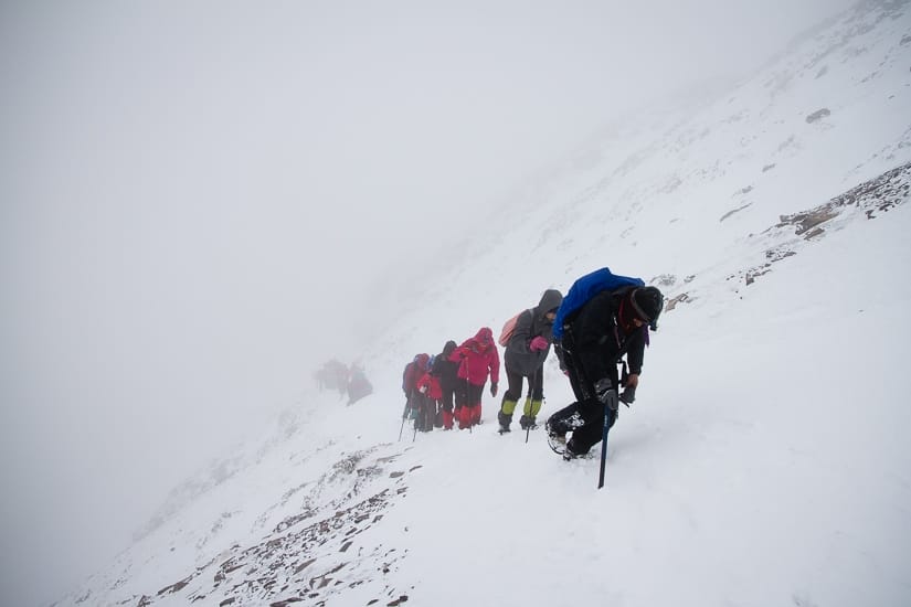 Hikers near the top of Snow Mountain in winter