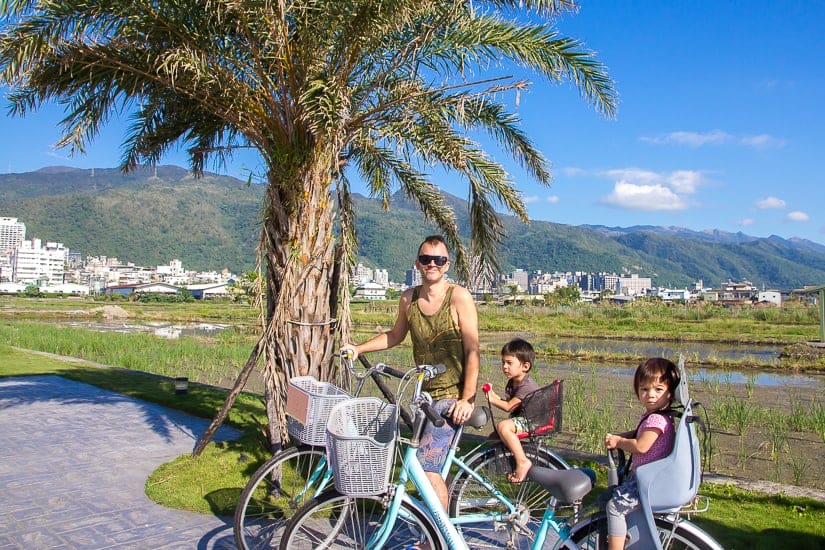 Me and my two kids riding bikes in Jiaoxi