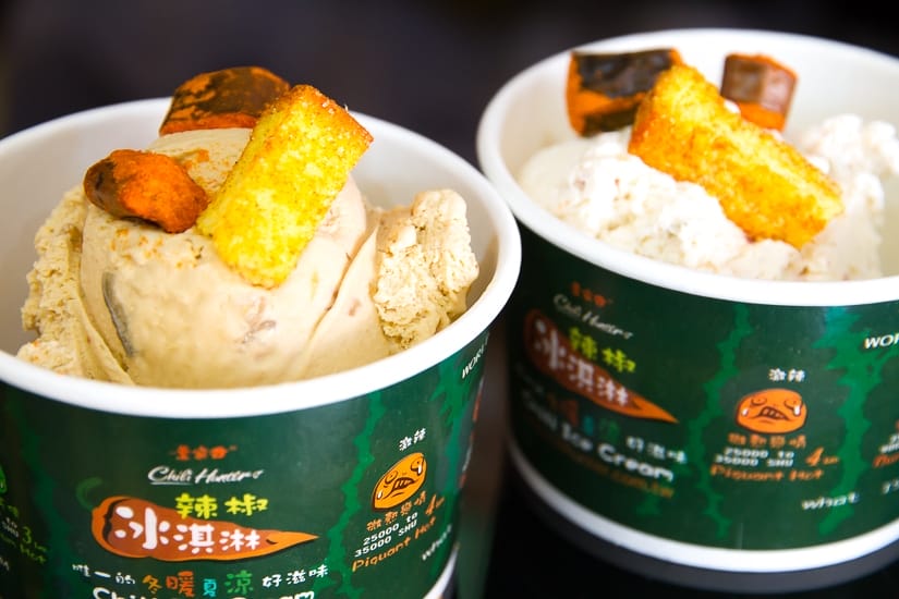 Two cups of Chili Hunter spicy ice cream in Jiaoxo, Yilan