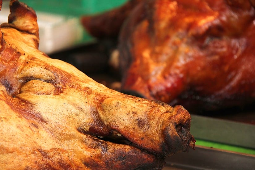 Roasted mountain boar on display in Wulai